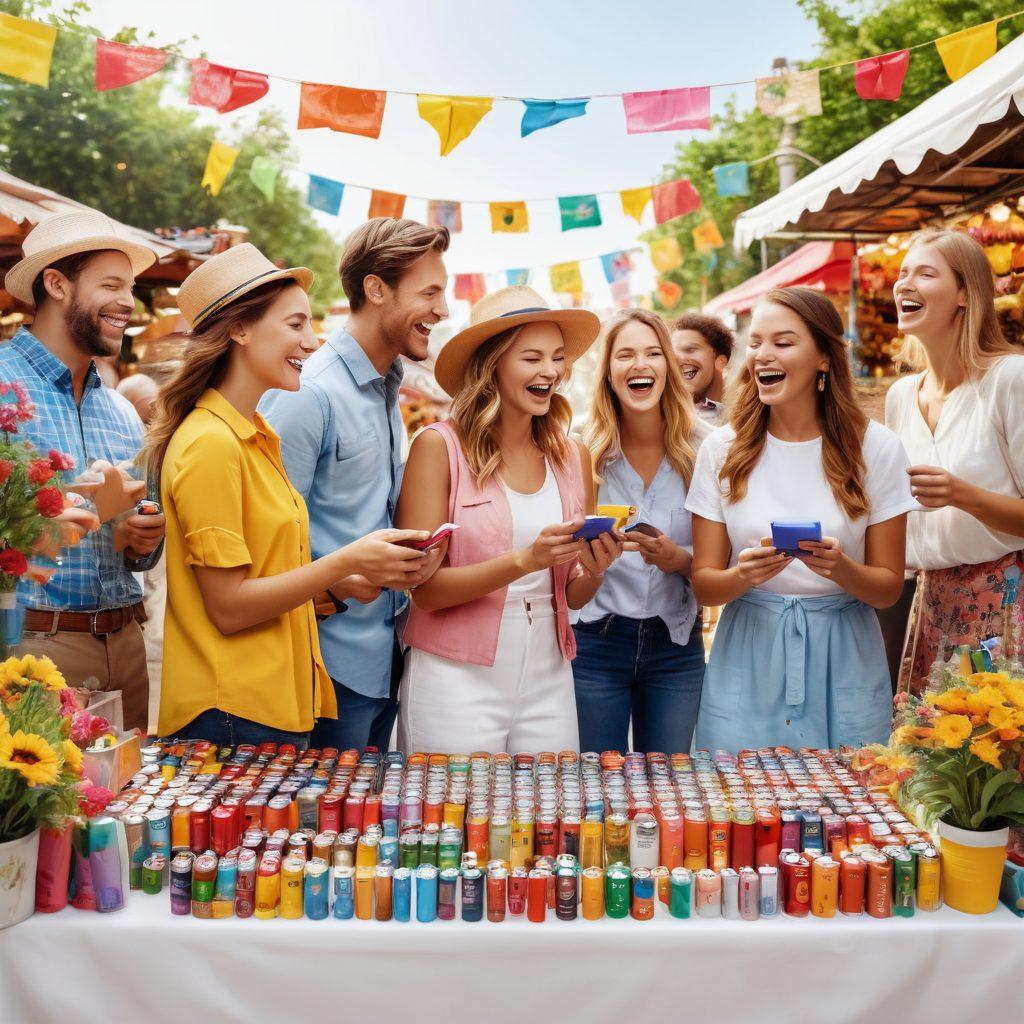 A cheerful scene depicting a diverse group of people joyfully testing various colorful batteries and accessories in an outdoor market. Surround them with vibrant banners advertising discounts, an energizing sun shining bright, and playful energy motifs like lightning bolts. Include a backdrop of cheerful greenery and blooming flowers to evoke a sense of happiness and vitality. super-realistic. vibrant colors. white background.