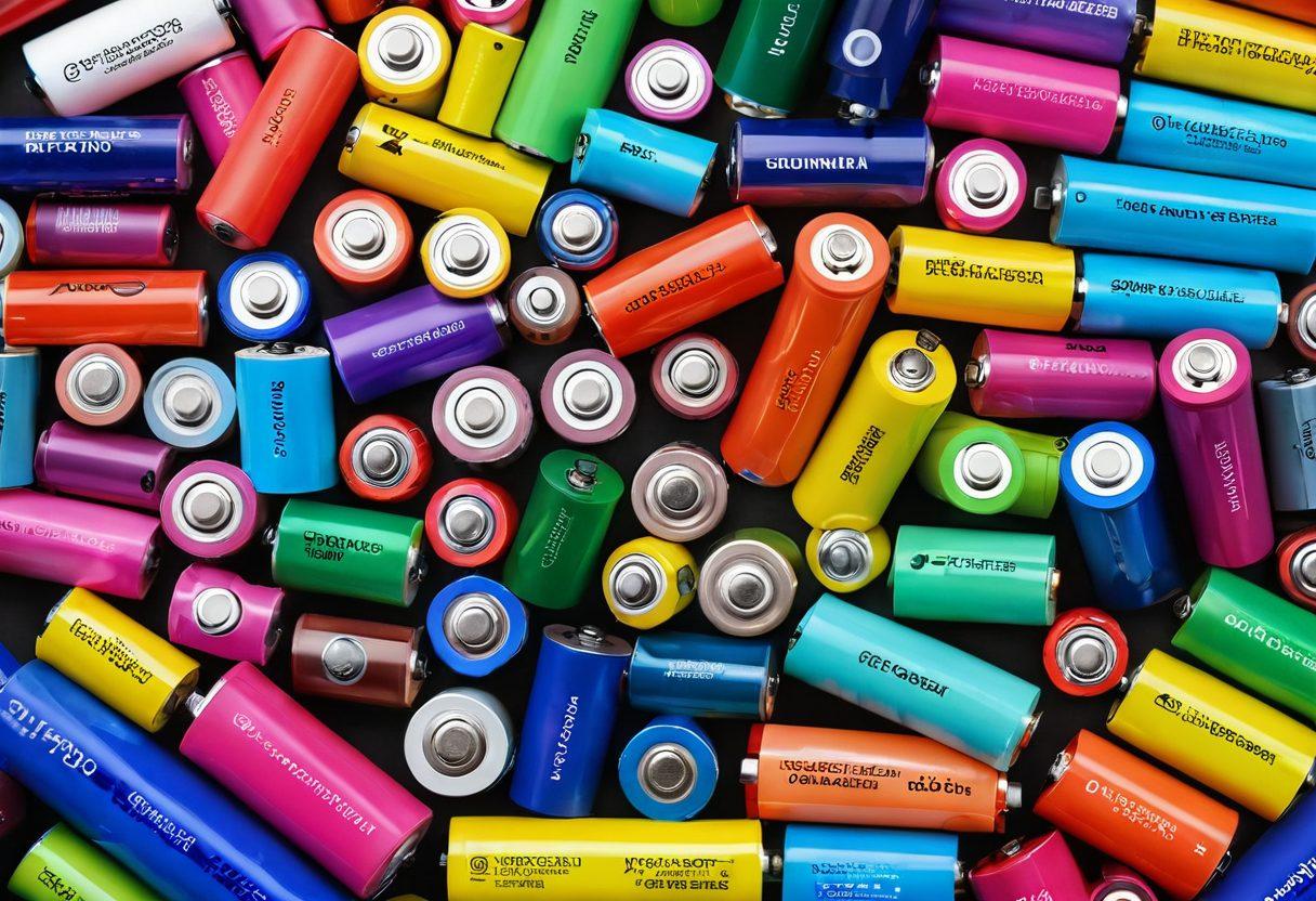 A vibrant display of various batteries, showcasing premium and budget options side by side. Include an array of colors, sizes, and styles, with labels highlighting their features. Set against a dynamic background that evokes energy and innovation, with an inviting atmosphere. Focus on making the batteries look accessible and appealing to all consumers. super-realistic. vibrant colors. white background.