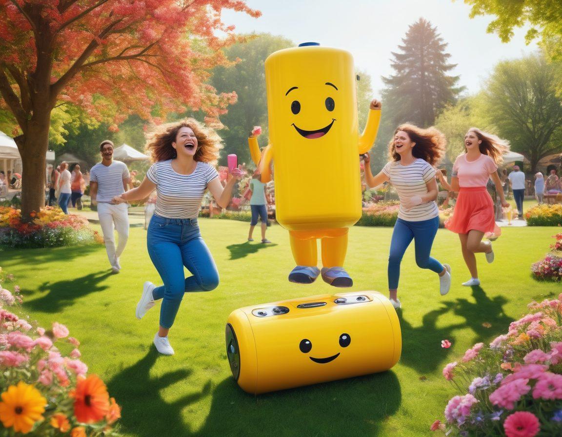 A playful scene featuring colorful, oversized batteries with smiling faces, charging various joyful activities like a picnic, dancing, and playing music. The background showcases a sunny park with vibrant flowers and people enjoying life, encapsulating the essence of happiness and energy. Bright and cheerful tones dominate the image, creating a sense of positivity and fun. super-realistic. vibrant colors. white background.